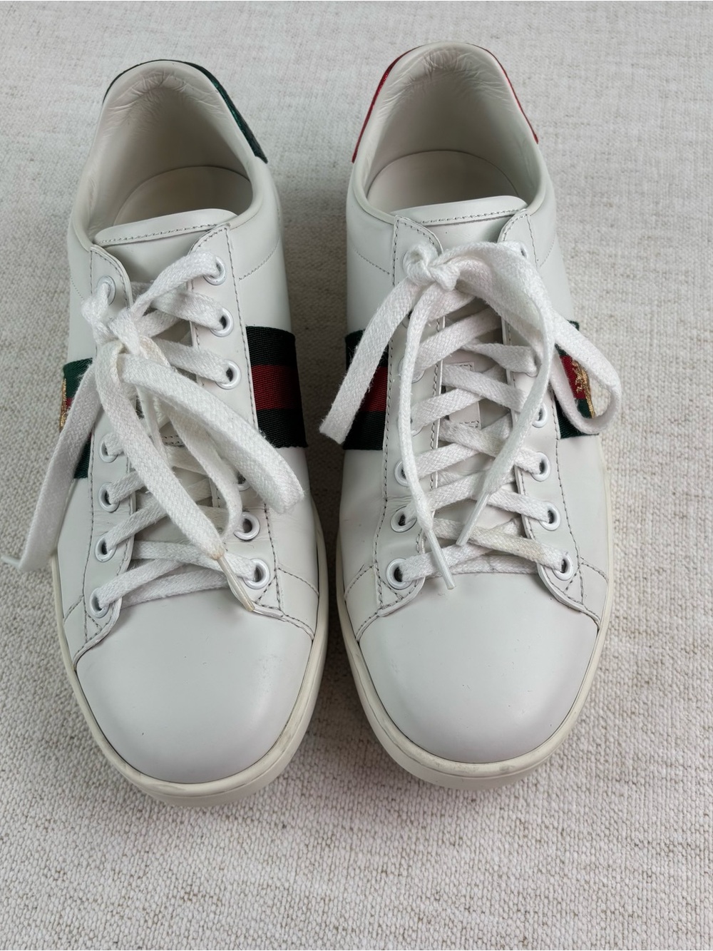 Gucci White Leather Sneakers with Red and Green Stripe and Red Heel - Picture 3 of 16